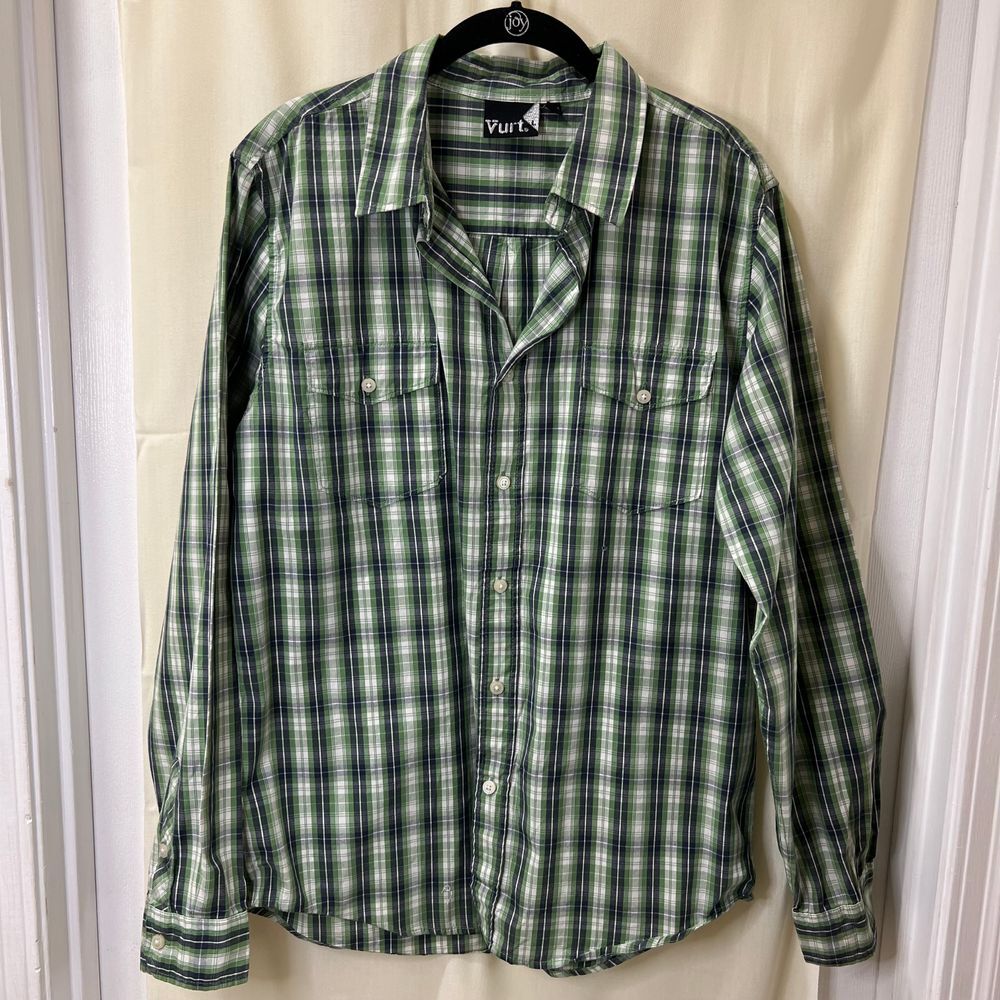 Vurt Men's Green Plaid Button Down‎ Casual Shirt LS Cotton Comfort Classic-L